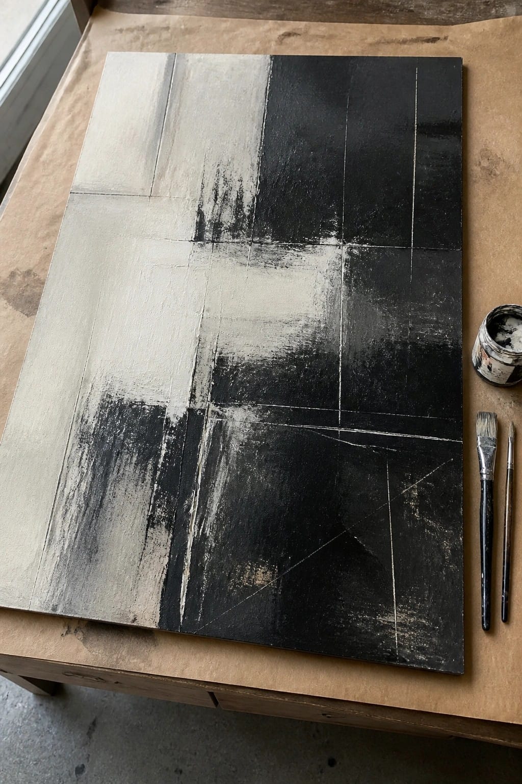 Abstract black-and-white geometric painting on canvas with brushes and paint jar on wooden table