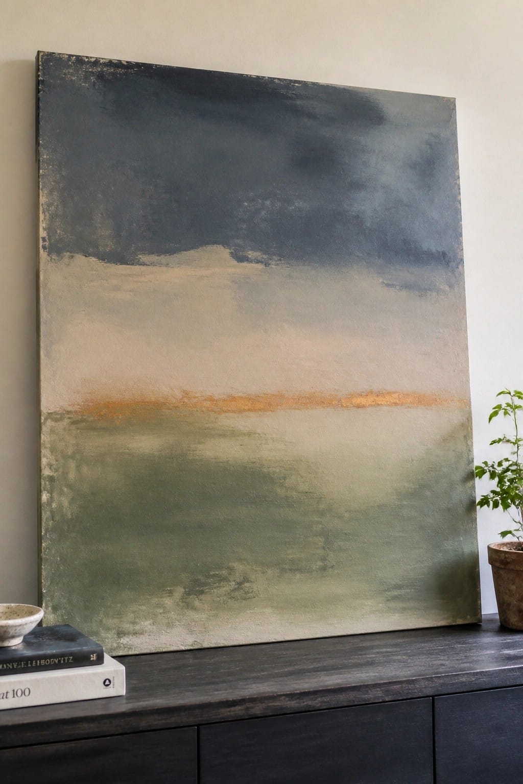 Abstract painting in dark blue, beige, orange, and green above cabinet with books and plant
