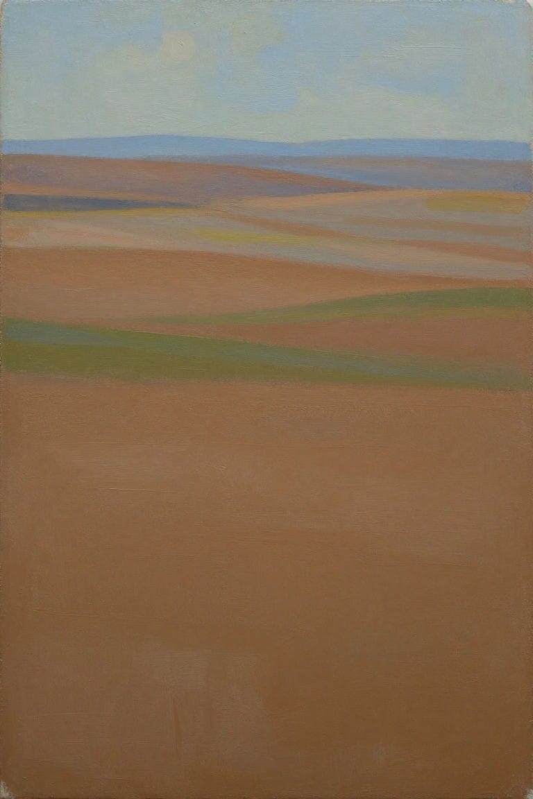 An oil painting of a landscape with horizontal bands of brown, green, and blue colors representing fields and sky.