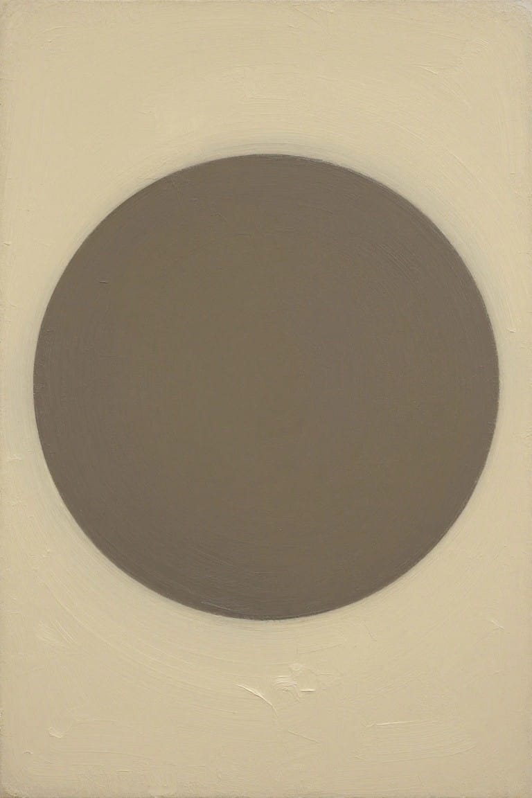 Minimalist painting of a large taupe circle on a beige square background.