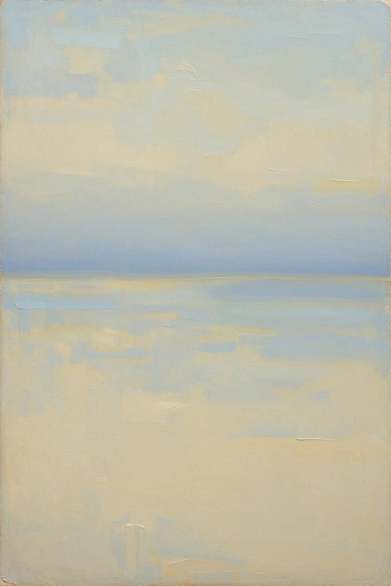 Impressionistic painting of serene ocean horizon in soft blue and yellow hues.
