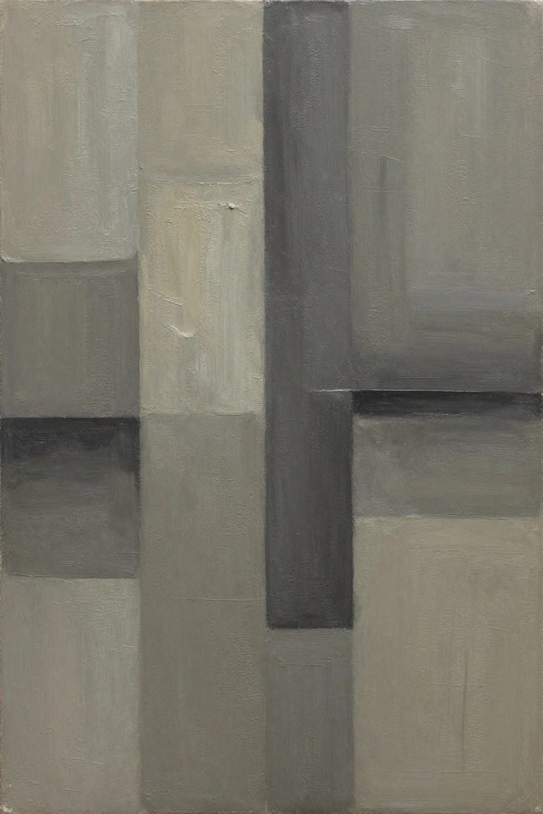 Abstract geometric painting of stacked gray rectangles in muted tones.