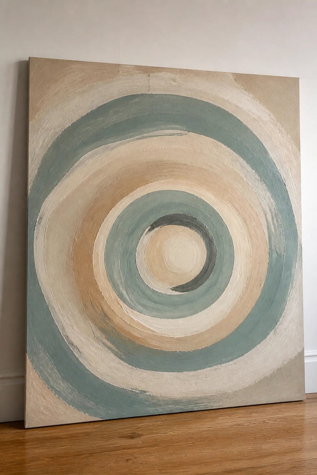 Abstract painting of concentric teal, beige, and gray rings on canvas against wall.