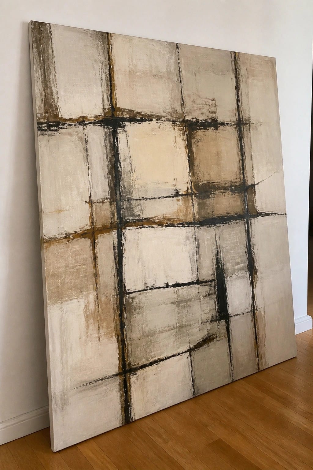 Large abstract grid painting in neutral beige and black tones against white wall