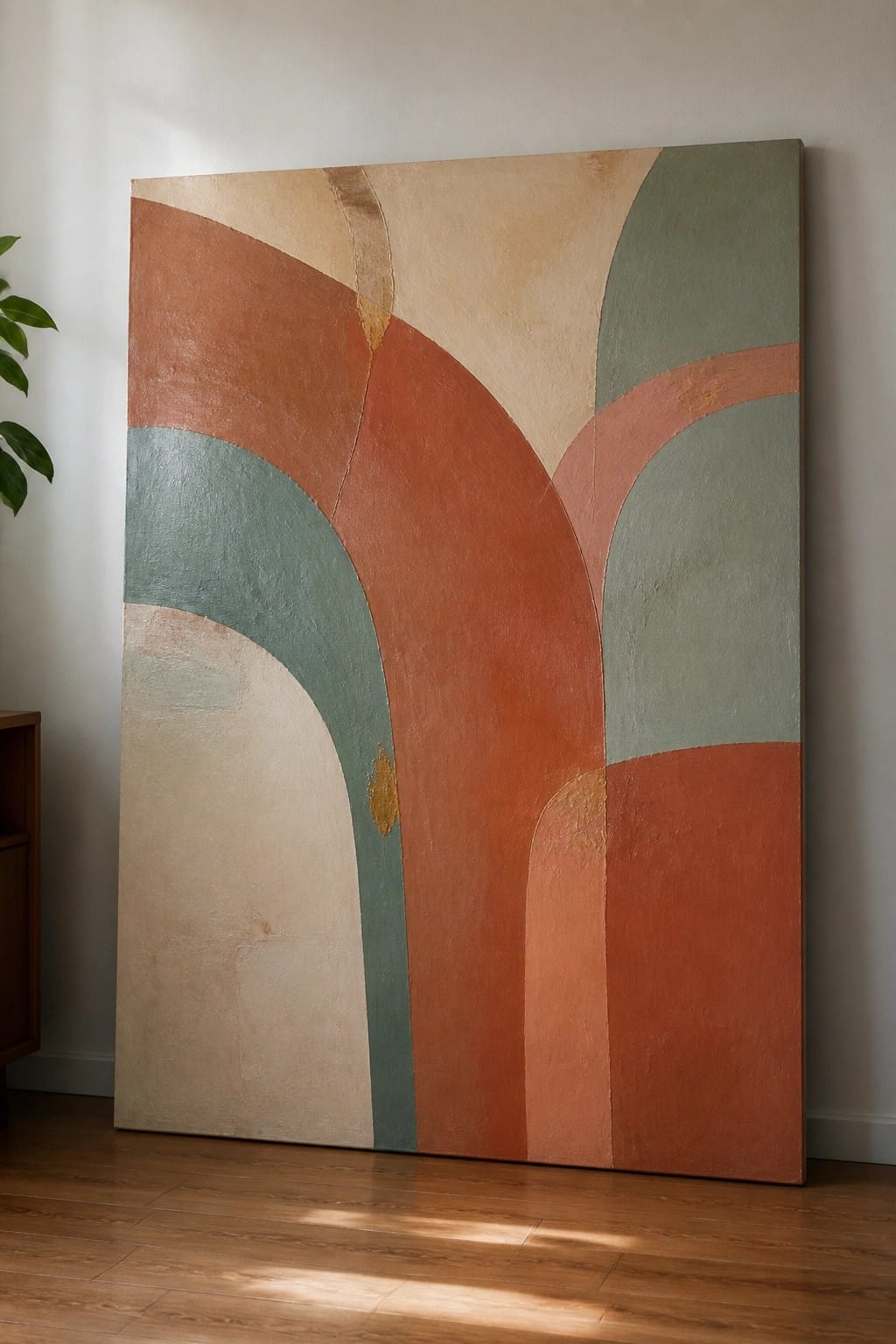 Abstract painting with curved shapes in terracotta, sage green, and beige against a wall
