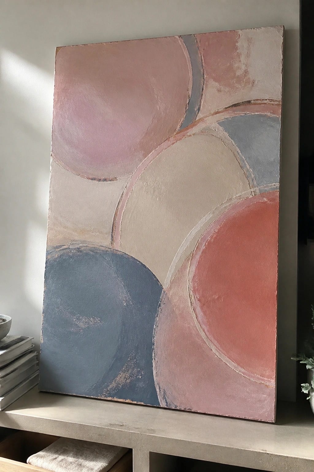 Large abstract oil painting of overlapping circles in soft pink, blue, gray, and beige tones on a canvas.