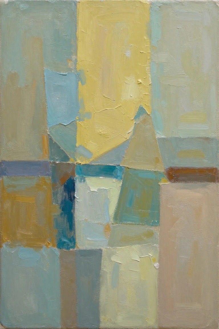 An abstract oil painting with overlapping geometric blocks in blues, yellow, greens, and earth tones on a canvas.
