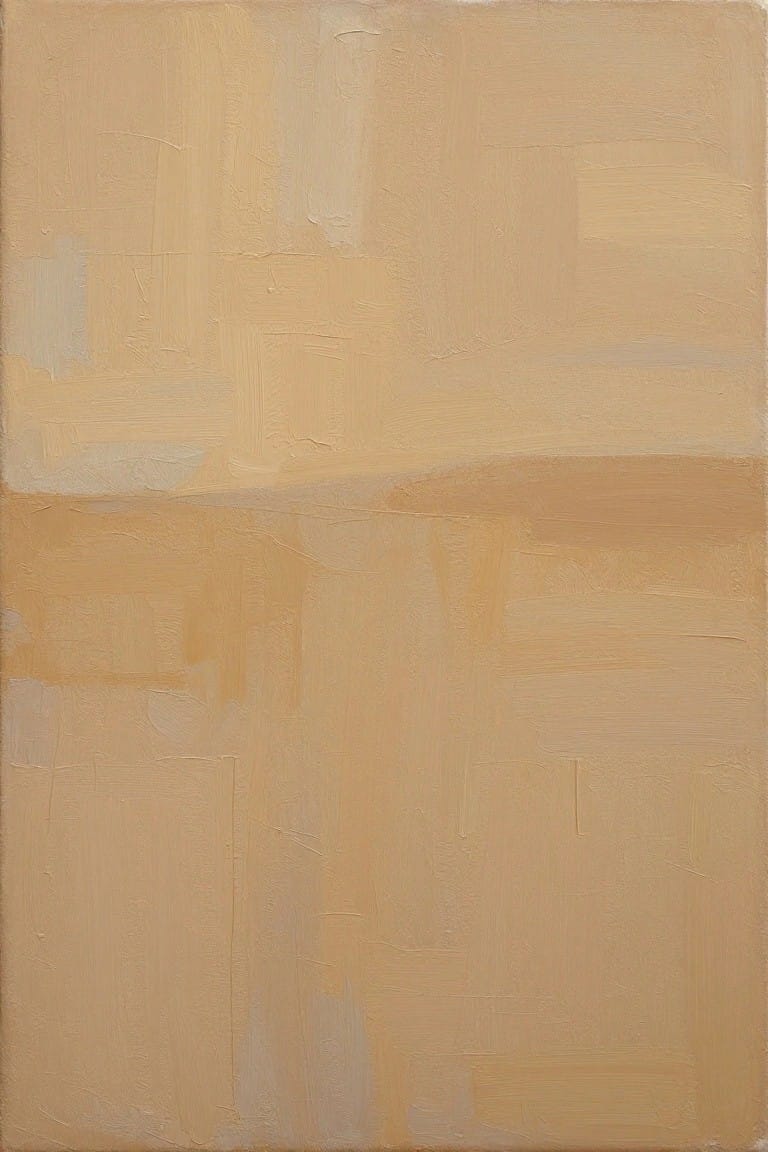 Abstract painting of textured beige brushstrokes forming soft rectangular geometric shapes.