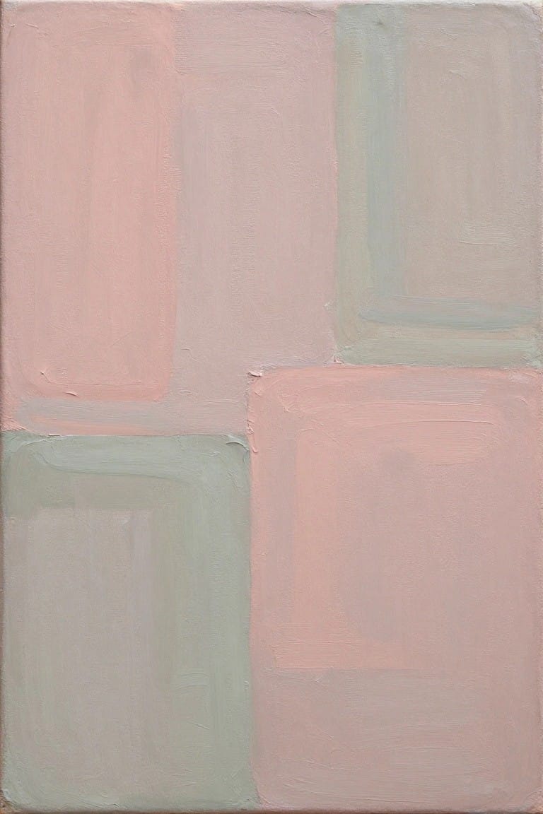 Abstract painting with overlapping soft pink and sage green rectangles on canvas