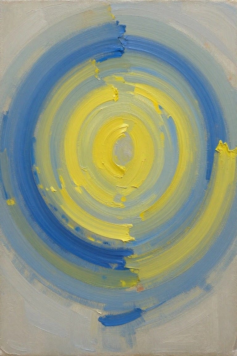 An abstract oil painting of swirling concentric circles in blue and yellow on a light gray background with visible brushstrokes.