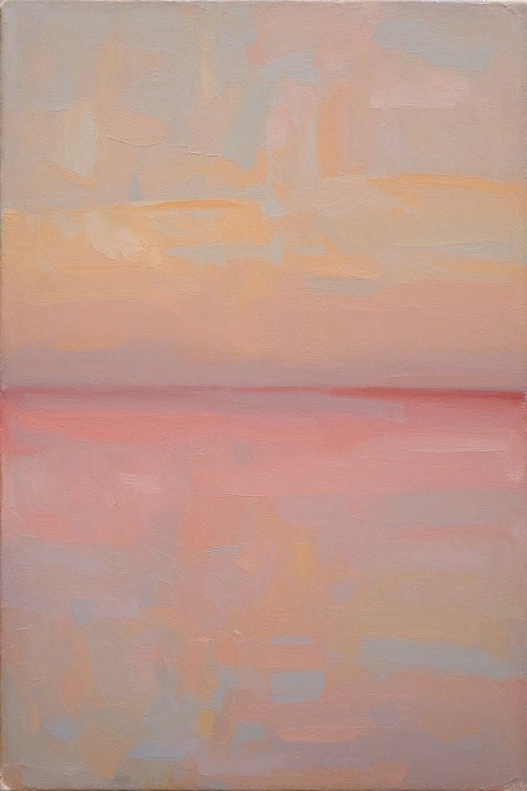 Abstract oil painting with horizontal layers of blended beige, gray, and pink tones across a large canvas.