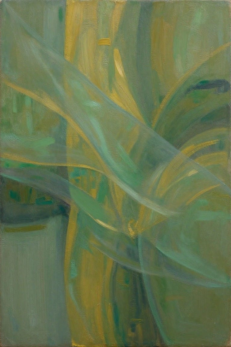 Abstract painting with swirling green, gold, and teal brushstrokes on muted canvas.