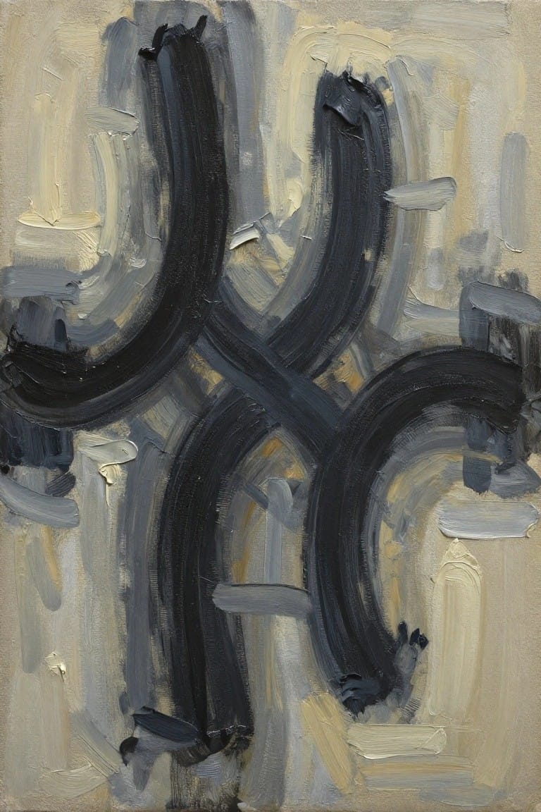Abstract painting with bold black curved strokes on muted beige and gray background