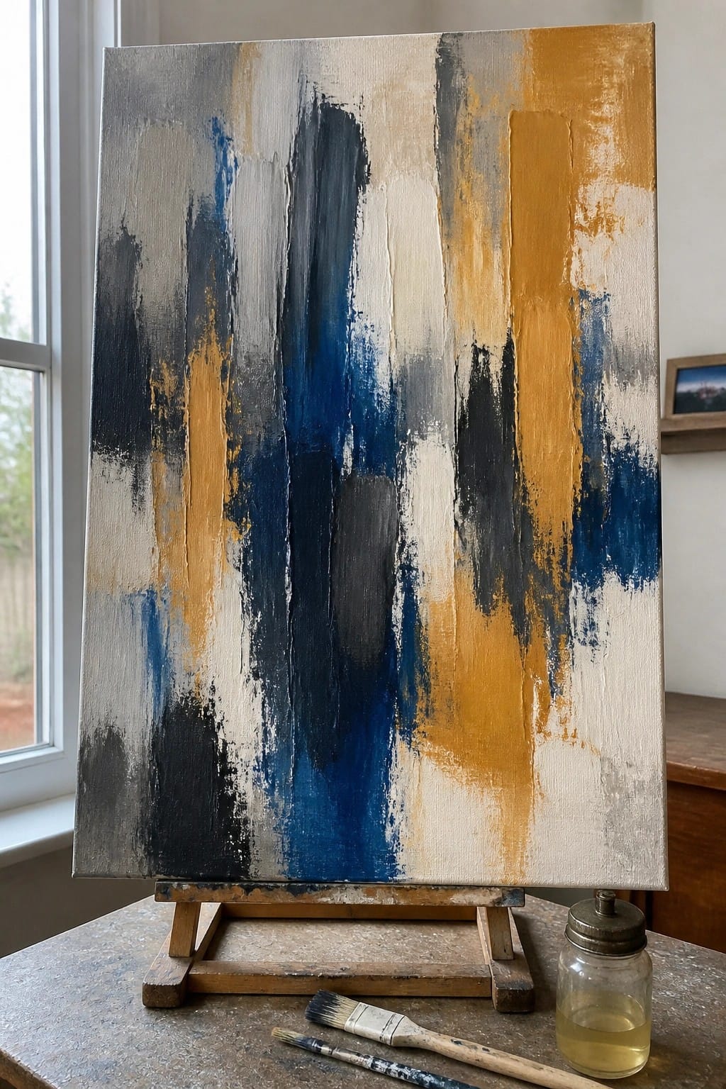 Abstract painting with bold blue, gray, white, and orange brushstrokes on wooden easel beside brushes