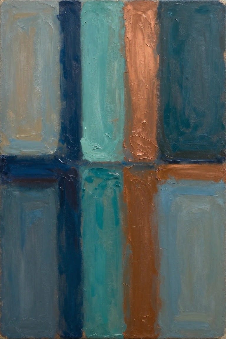 Abstract painting of blue, teal, and brown rectangular blocks with thick brushstrokes