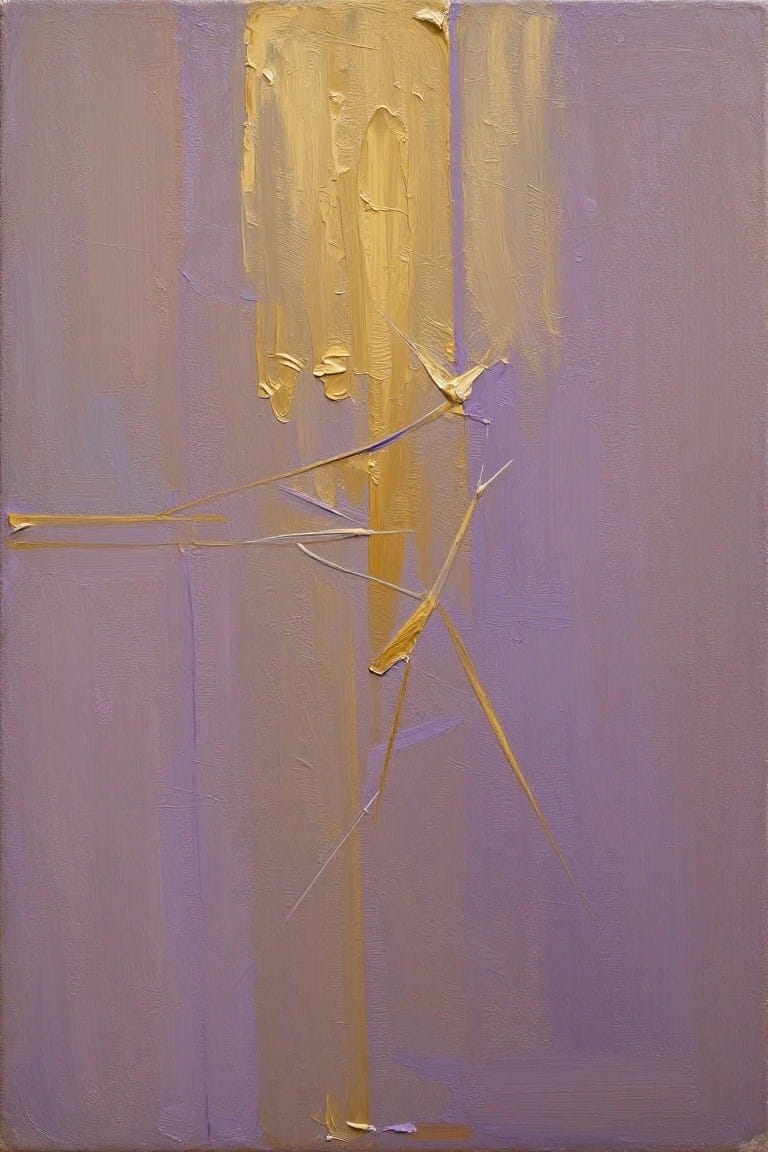 Abstract painting on purple background with thick vertical gold strokes and thin lines