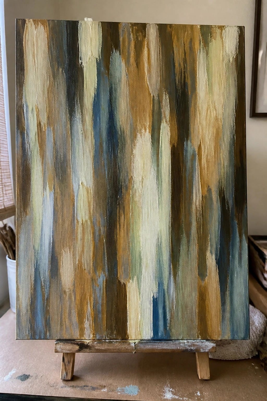 Abstract painting with vertical streaks of brown, blue, beige, and green on wooden easel.