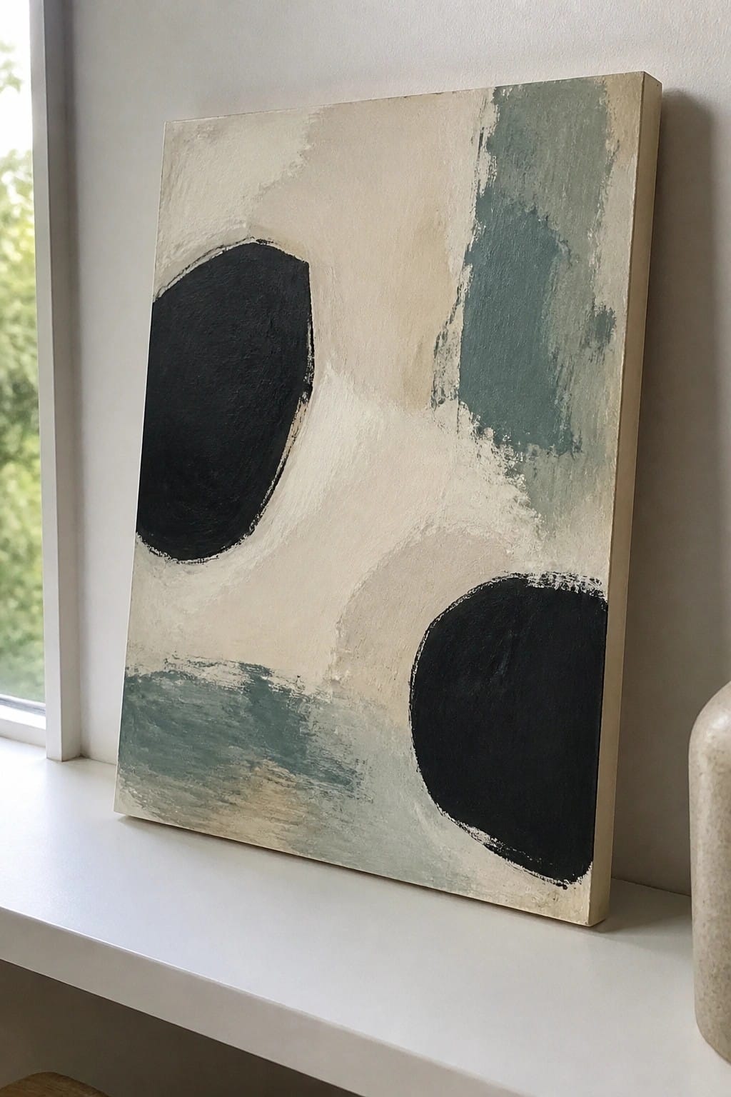 Abstract painting with black ovals, beige tones, and teal brushstrokes on windowsill