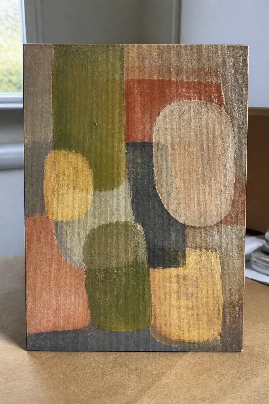 Abstract painting with overlapping geometric shapes in earthy greens, oranges, and yellows on canvas.