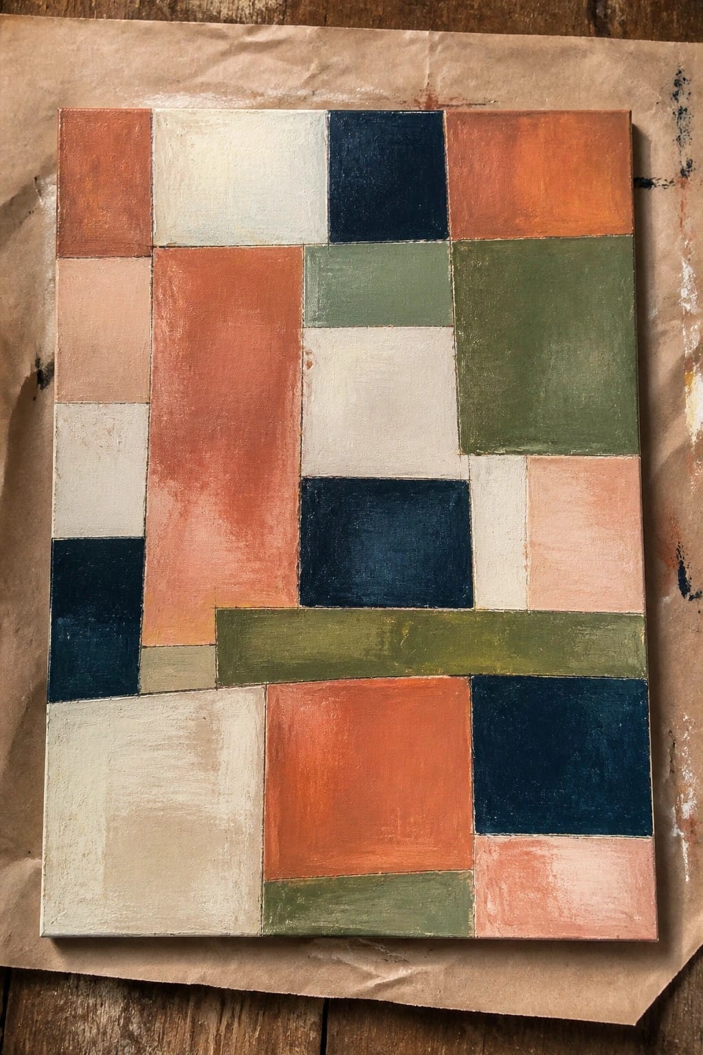 Abstract geometric painting with colorful rectangles in orange, navy, green, white, and peach on canvas.