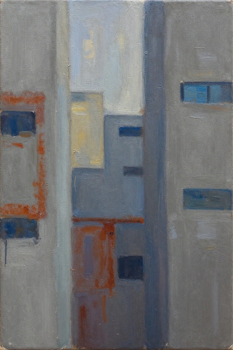 Abstract painting of geometric blocks in gray, blue, yellow, and rust orange.