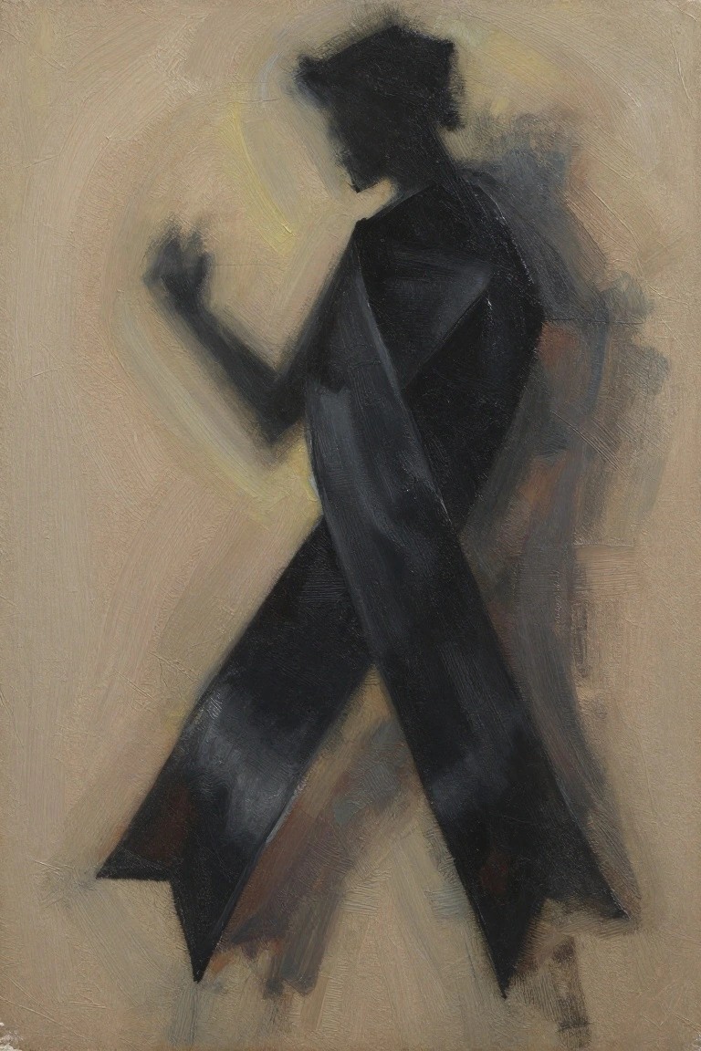 Abstract black figure with raised arms in dynamic motion on beige background
