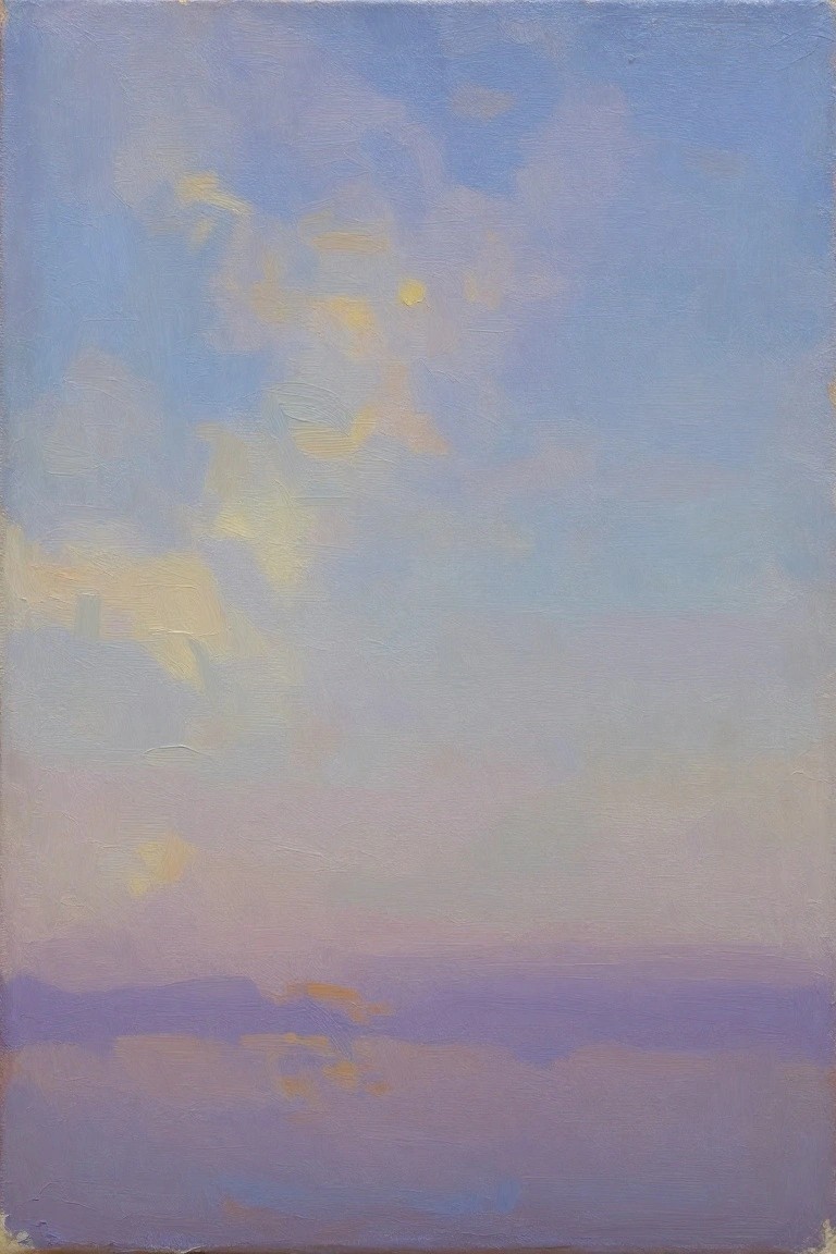 Abstract painting of cloudy sky in soft blues, pinks, yellows, and purples.