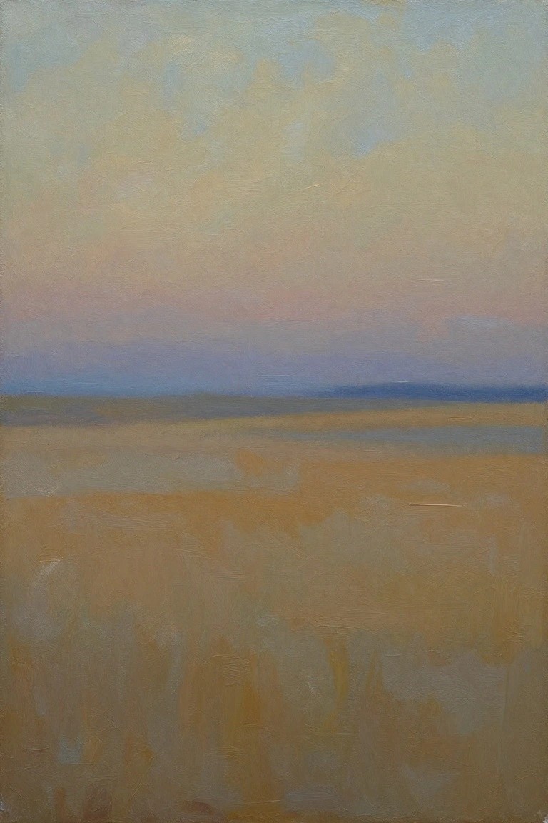 Abstract landscape painting with sandy foreground and soft pastel sky at dusk.