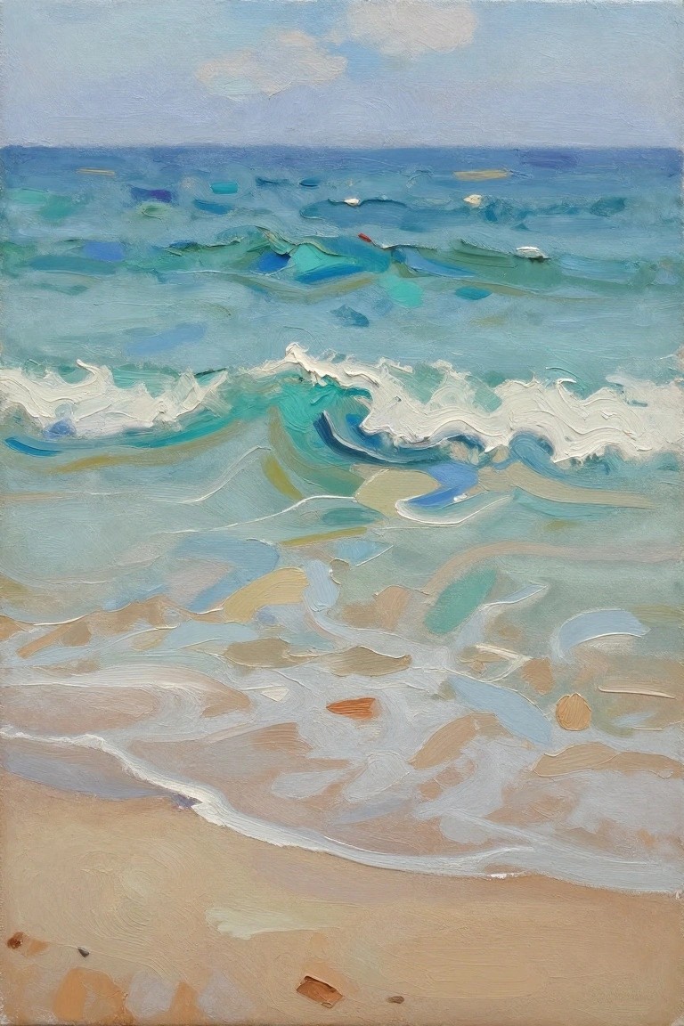 Painterly seascape of turquoise waves with white foam on sandy beach