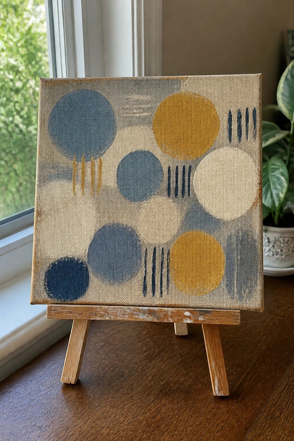 Abstract painting with blue, yellow, and white circles on wooden easel by window