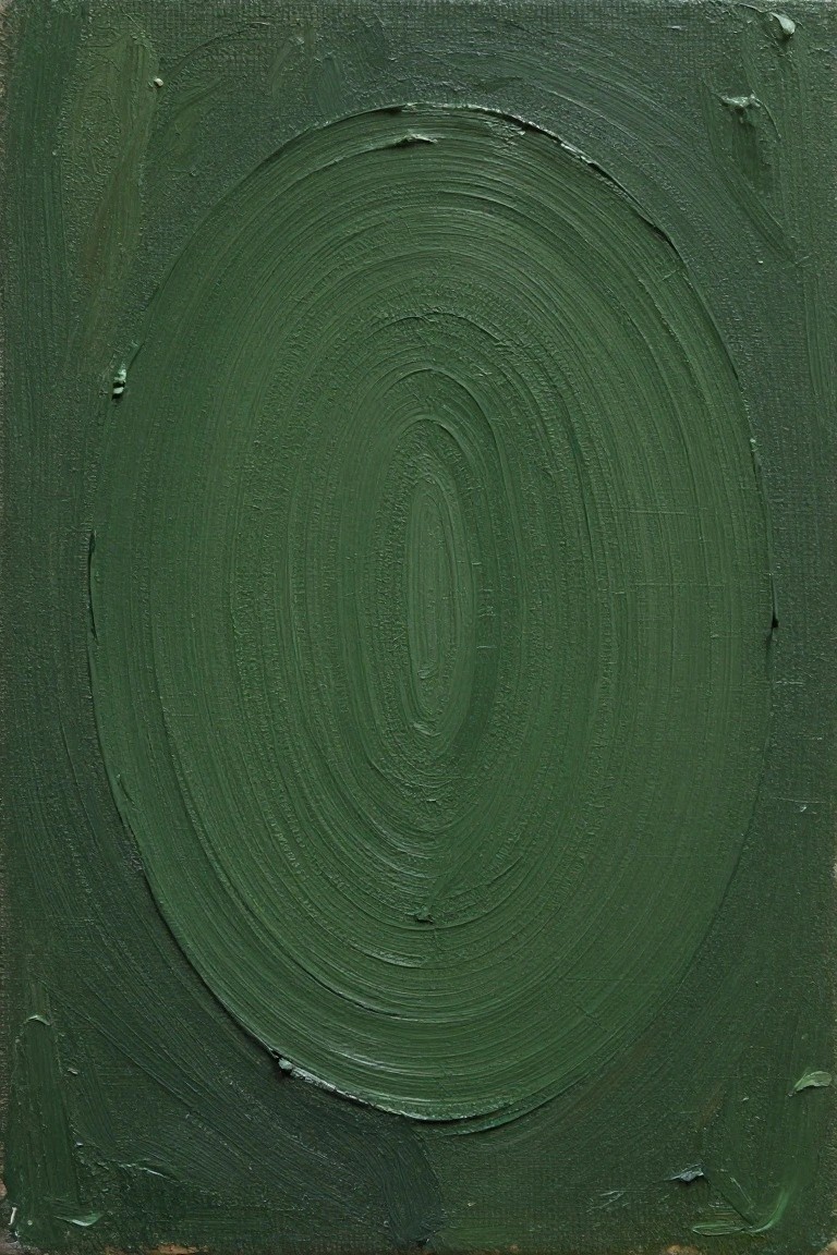 Textured dark green canvas with concentric lighter green oval brushstrokes forming a central ellipse.