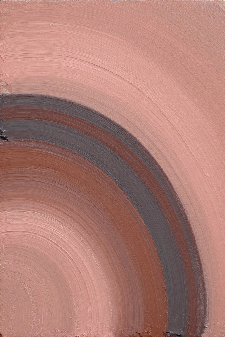Abstract painting with curved brushstrokes in pink, brown, and gray tones.