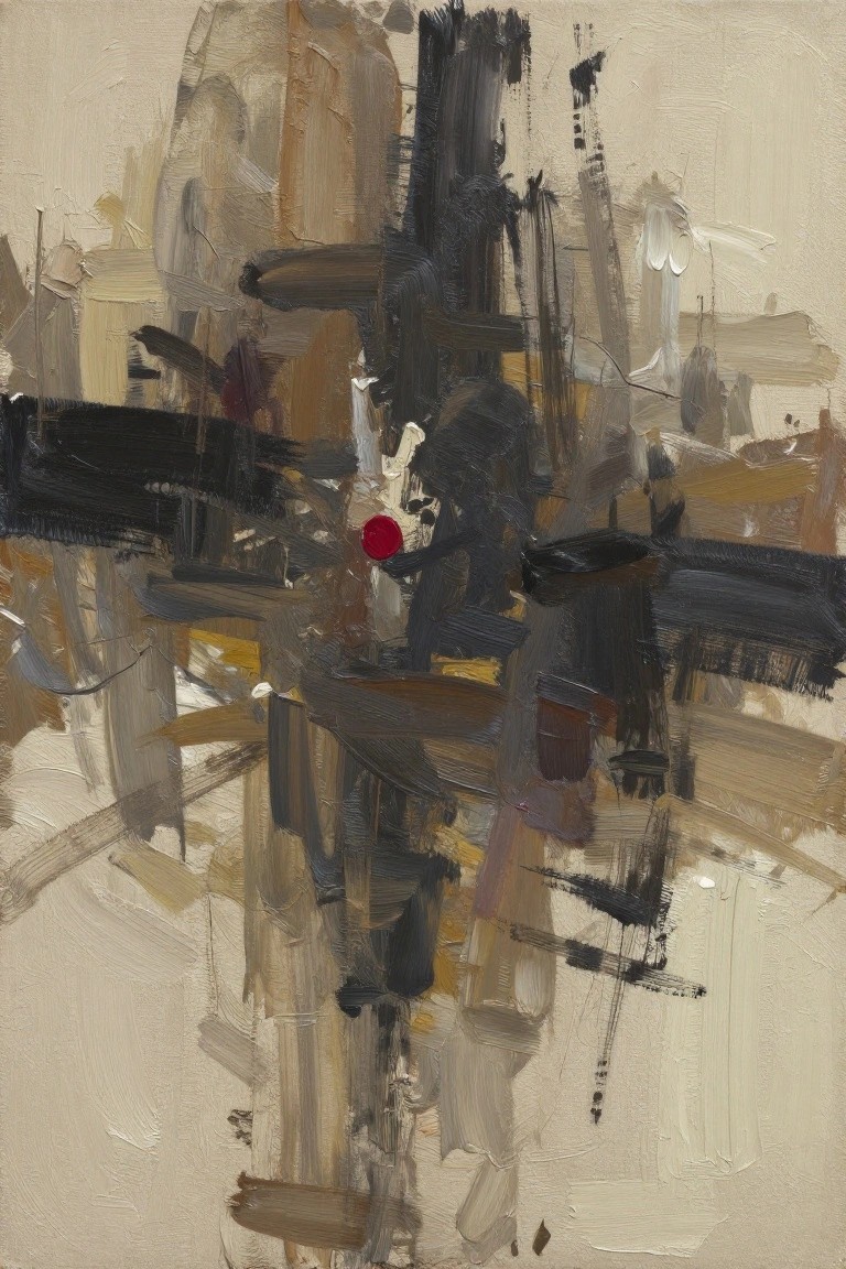 Abstract composition of thick black, brown, and beige brushstrokes with red accent