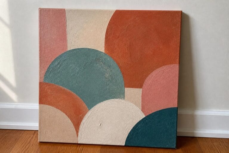 Abstract painting of overlapping arches in terracotta, teal, and peach leaning on wooden floor