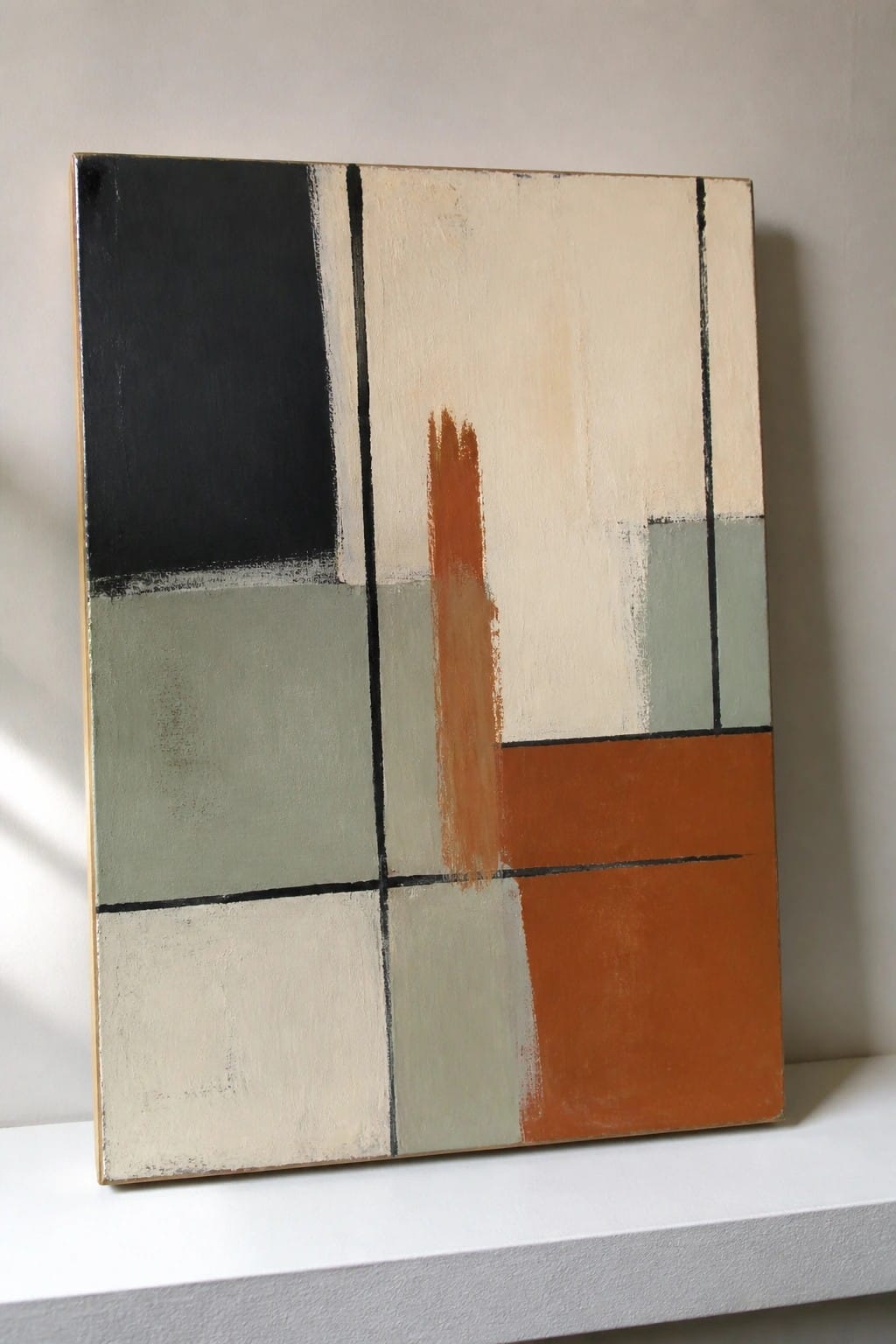 Abstract geometric painting with black lines dividing beige, green, and orange blocks