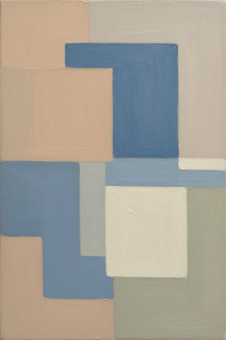 Abstract geometric painting with overlapping blue, beige, gray, and white rectangles.