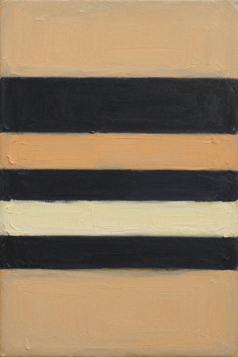 Abstract painting with horizontal stripes in black, beige, orange, and cream