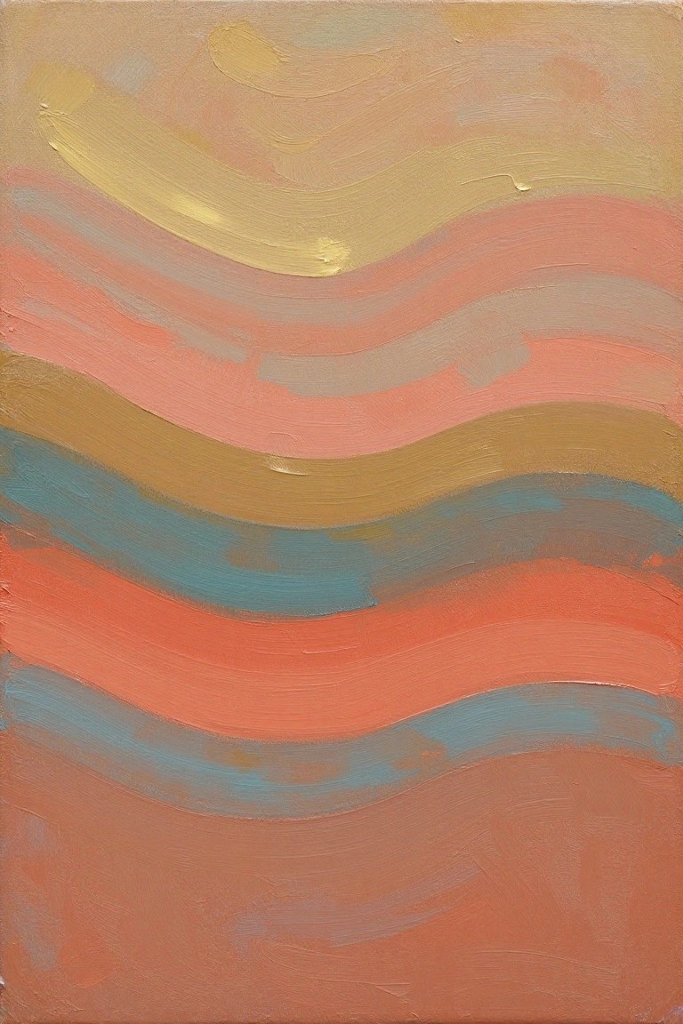 Abstract painting of wavy horizontal stripes in peach, coral, gold, and teal tones
