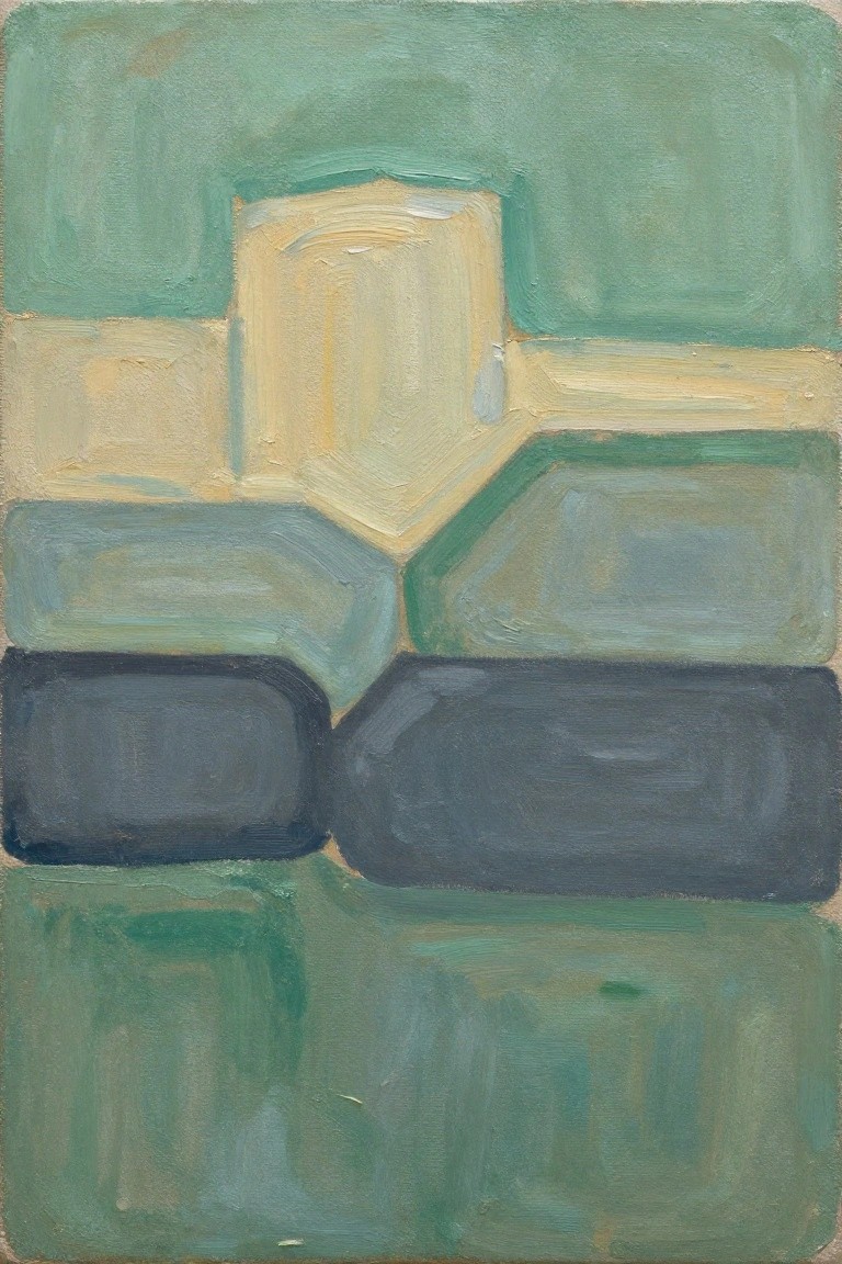 Abstract painting of overlapping geometric shapes in greens, yellow, and dark blue.