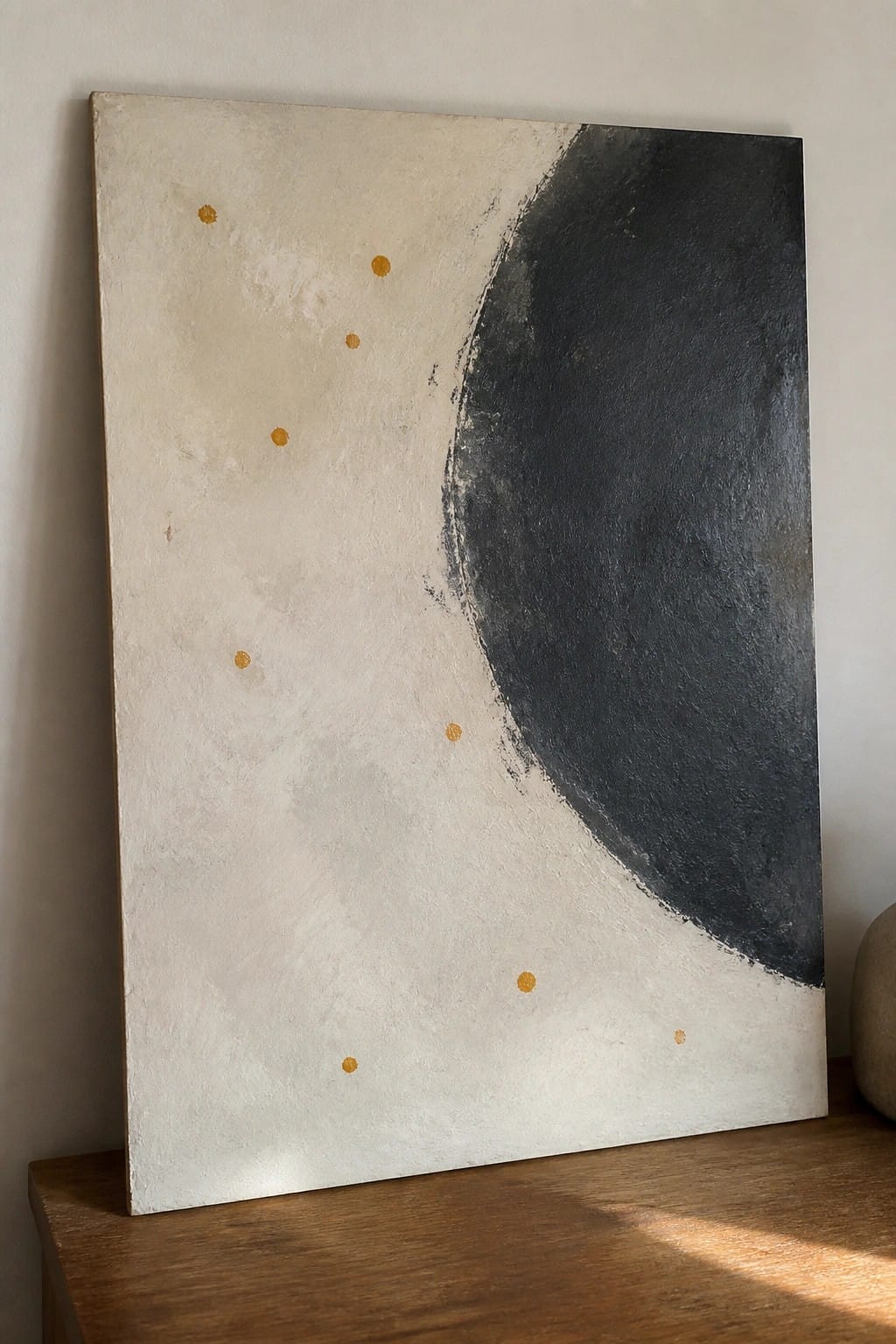 Abstract painting with beige background, sweeping black curve, and scattered gold dots on wood.