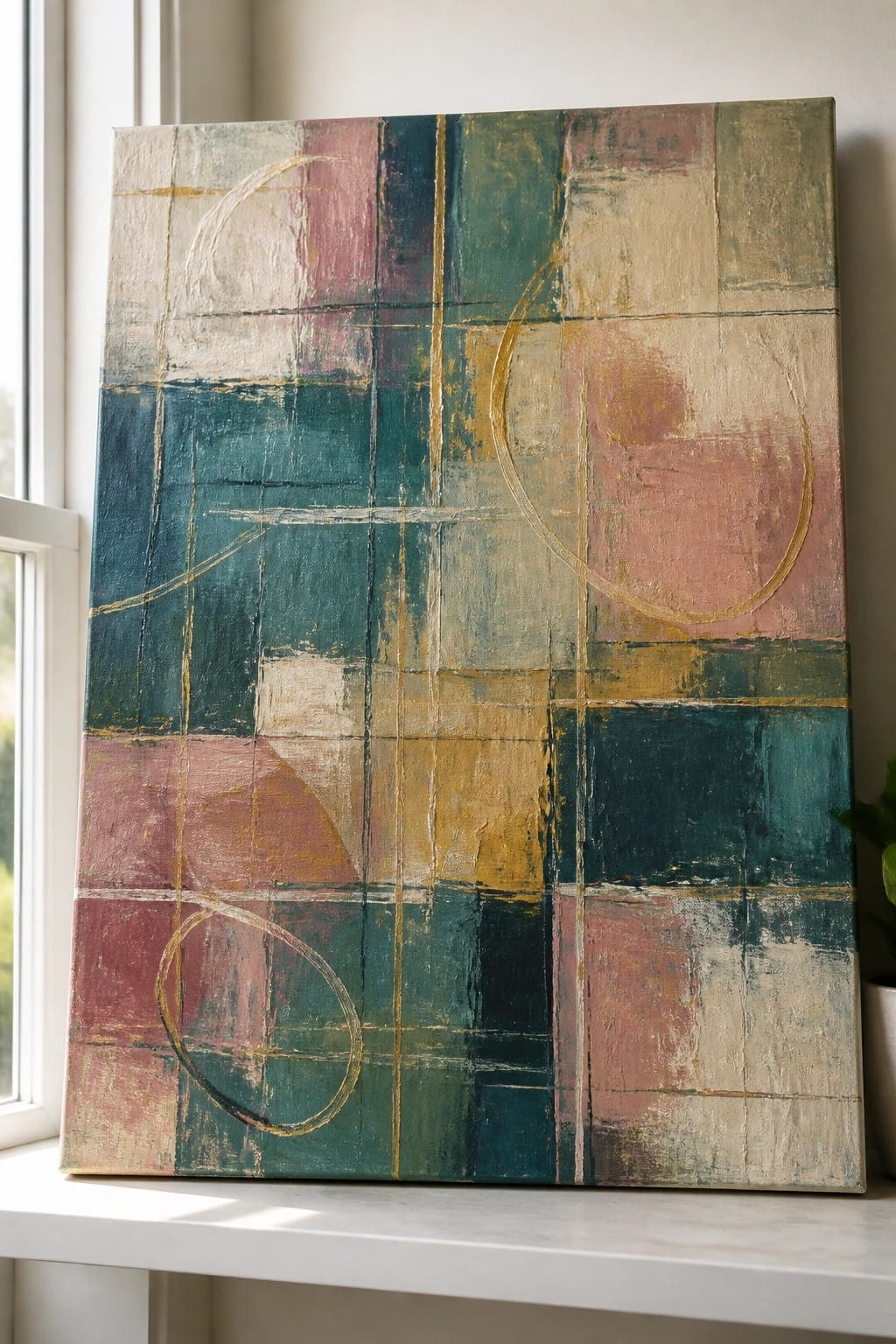 Abstract painting with teal, pink, gold circles and lines on canvas by window