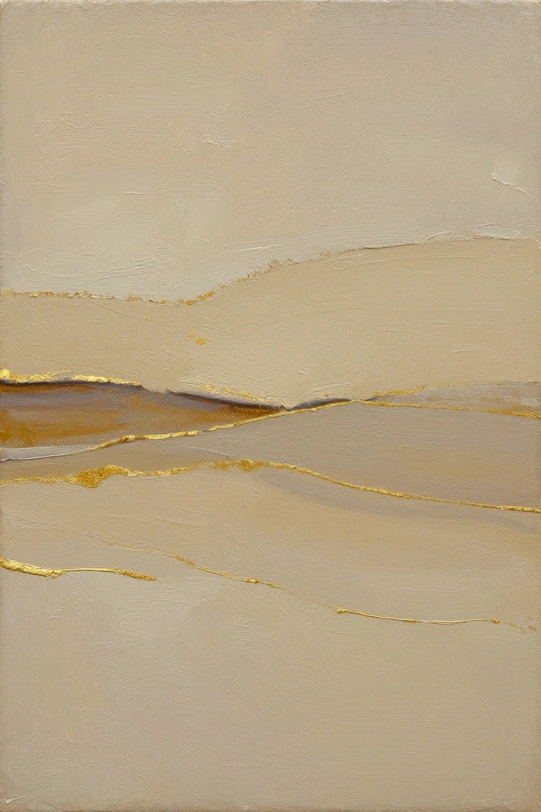 A horizontal abstract oil painting with layered beige and brown tones separated by thin gold lines on a textured canvas.