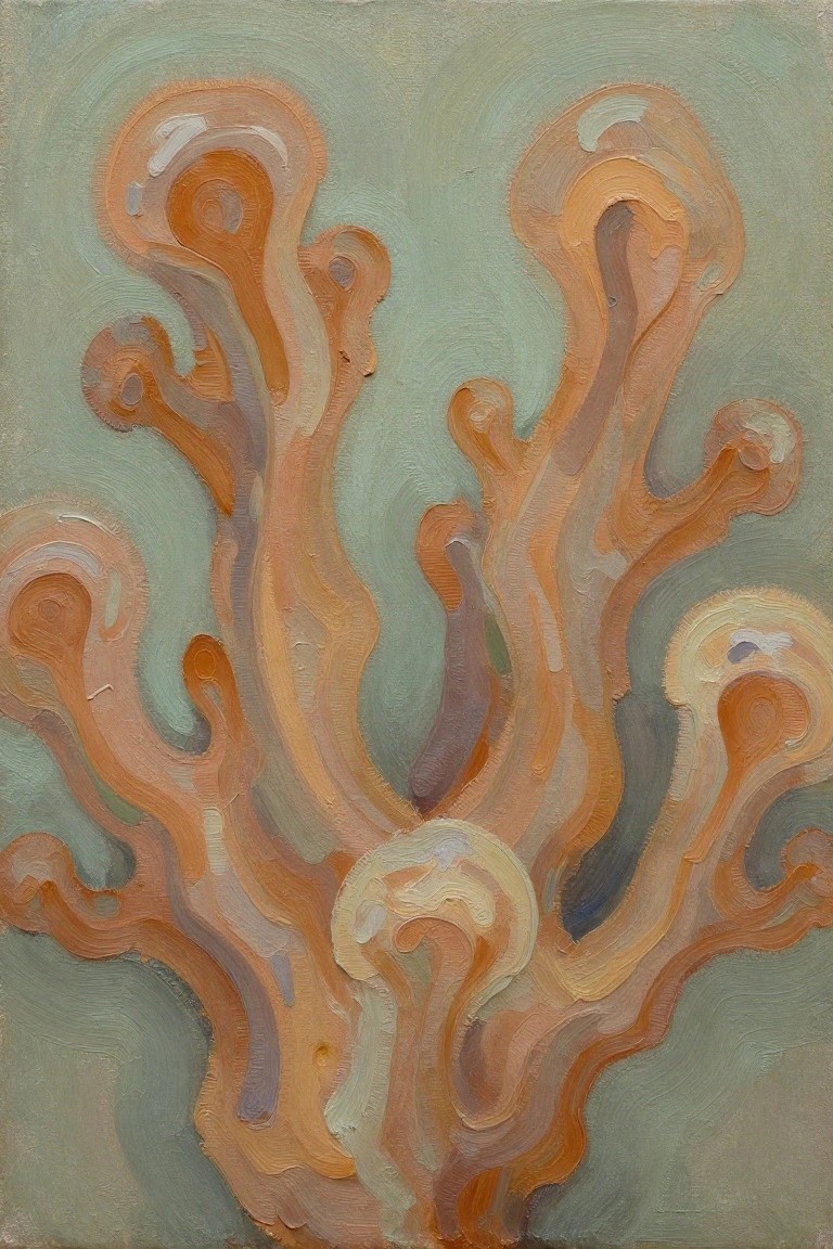 Abstract painting of looping orange coral branches against a soft green background.