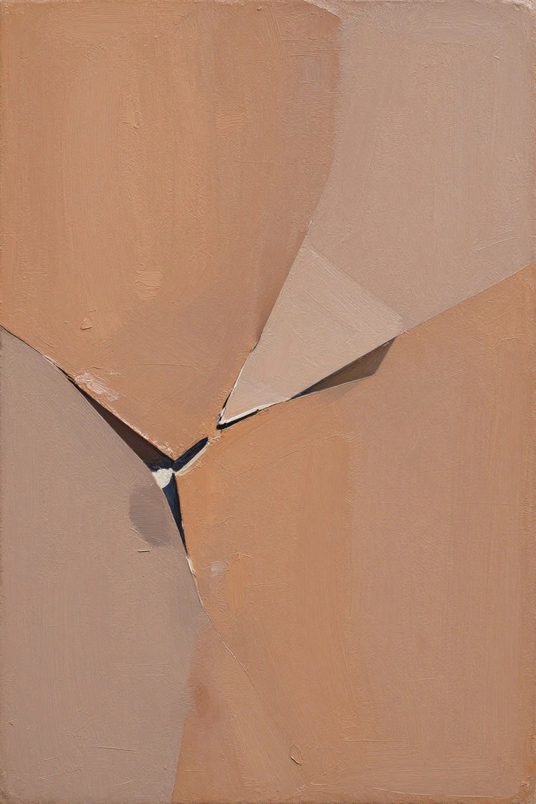 Abstract painting of angular brown and beige shapes meeting at dark center.