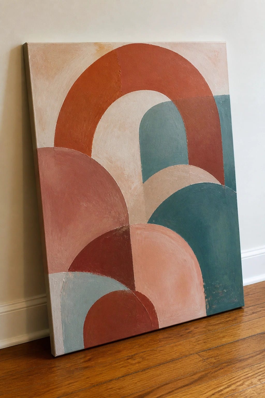 Abstract painting of overlapping arches in terracotta, teal, and peach leaning on wooden floor