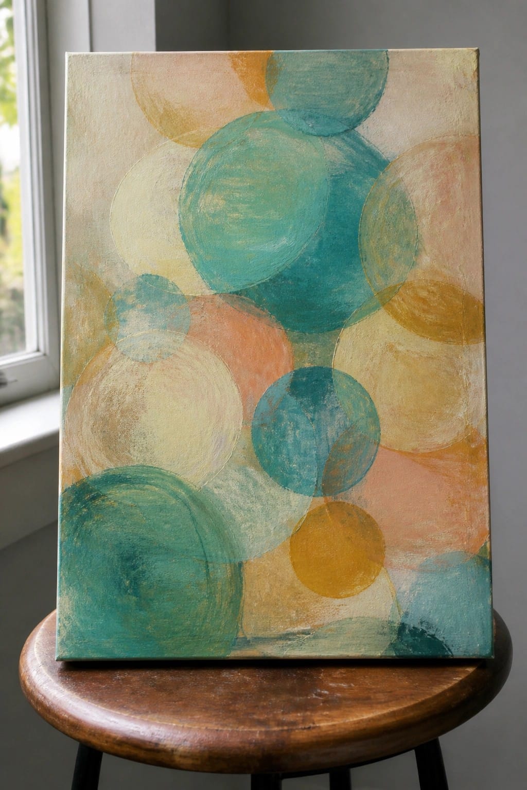 Abstract painting with overlapping teal, orange, and yellow circles on wooden stool
