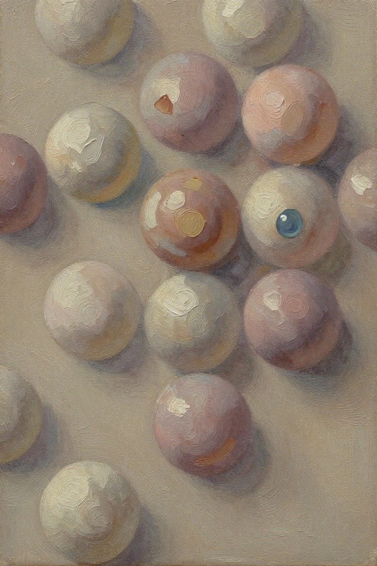 Oil painting of scattered pastel spheres in pink, white, and orange with brushstrokes