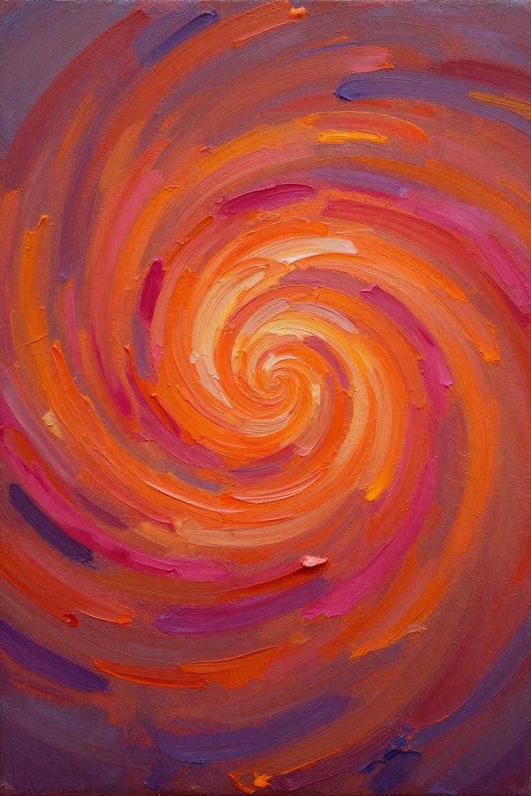 Vibrant abstract painting of swirling orange red purple spiral brushstrokes in thick impasto texture.