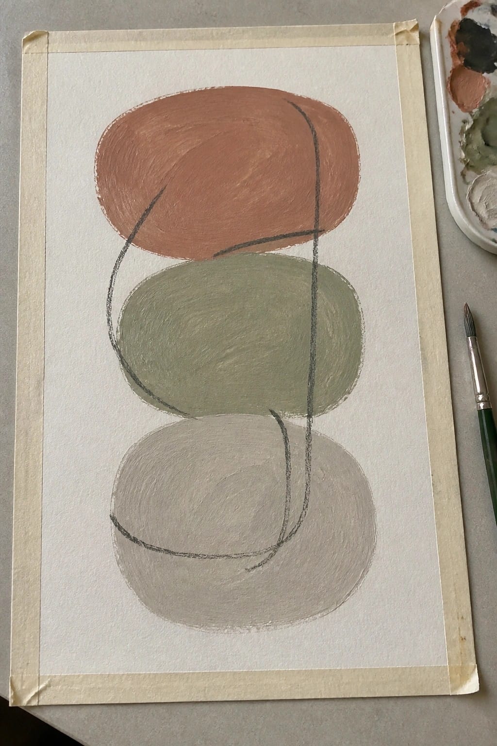 A vertical abstract oil painting with three stacked oval shapes in terracotta, sage green, and beige tones, accented by thin black lines on a white background.