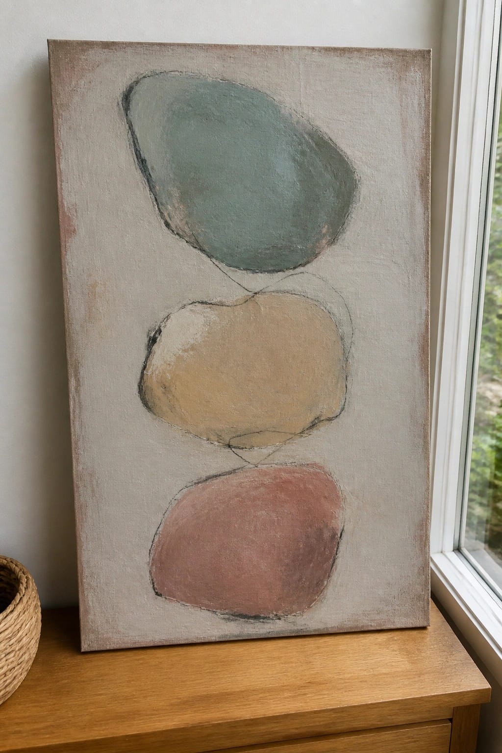 Abstract painting with stacked teal, beige, and pink shapes on wooden surface by window.